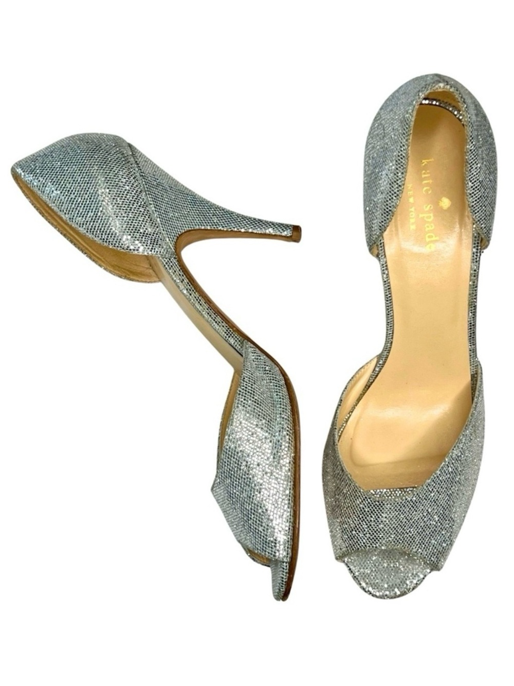 kate spade Heels Glitter Sage D’Orsay Peep Toe Pumps Sparkly Silver Starlight 9